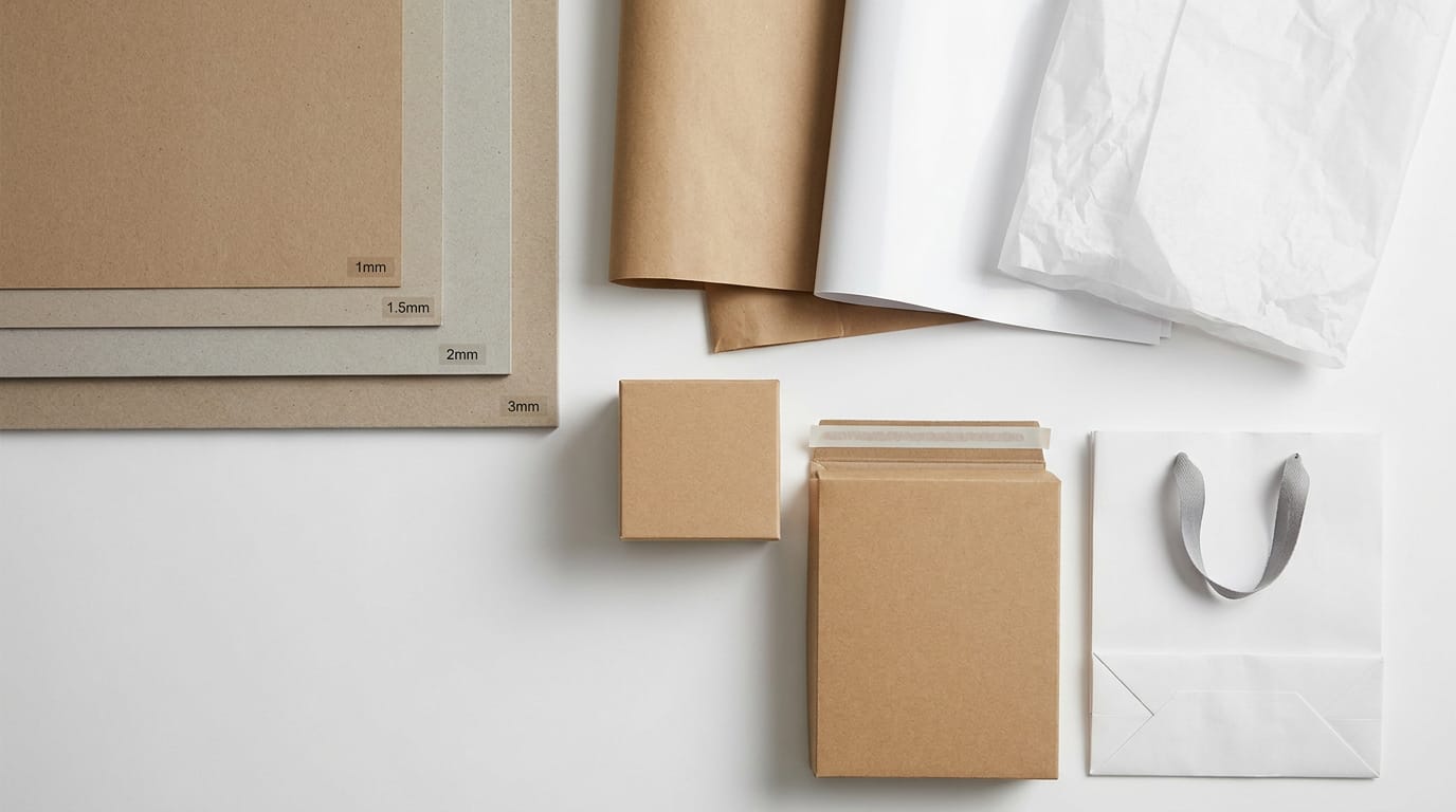 Various packaging materials flat lay including paperboard, kraft paper, tissue paper, gift box and shopping bag