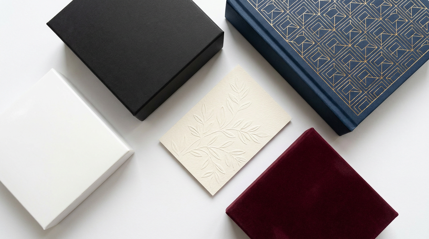 Packaging surface finishing samples including matte, gloss, foil stamping, embossing and soft-touch lamination